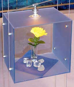 Acrylic cubes suspended from the cables