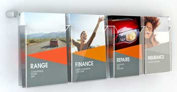 Wall mounted, hook-on leaflet dispenser