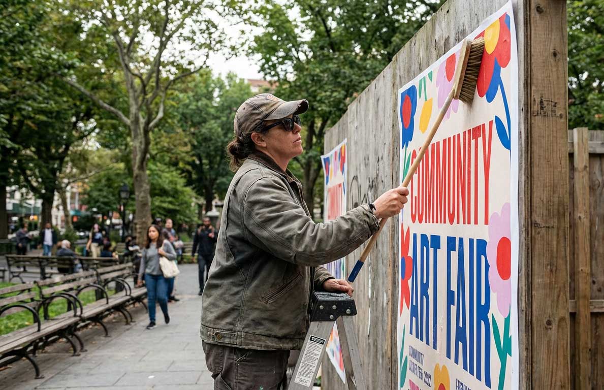Community Art Fair poster being pasted up outdoors